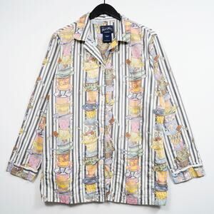 Nick & Nora Tea Cups Striped Pajama Top Womens Size L Button Front Cute Print